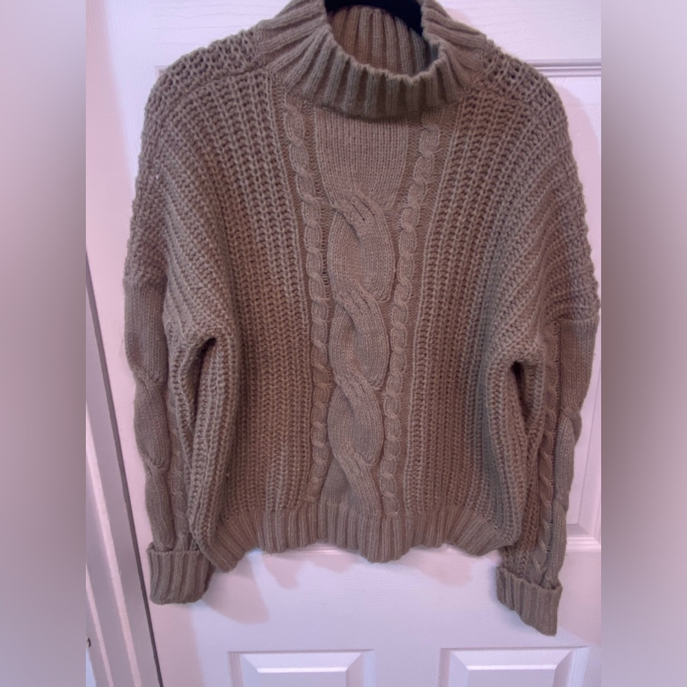 Cozy Cable Knit Cowl Neck Sweater - Tan